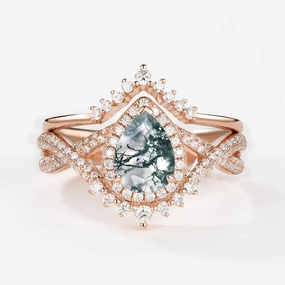 Pear Moss Agate Halo Infinity Ring Set 2pcs - Valentina Chic Evening Modern Style