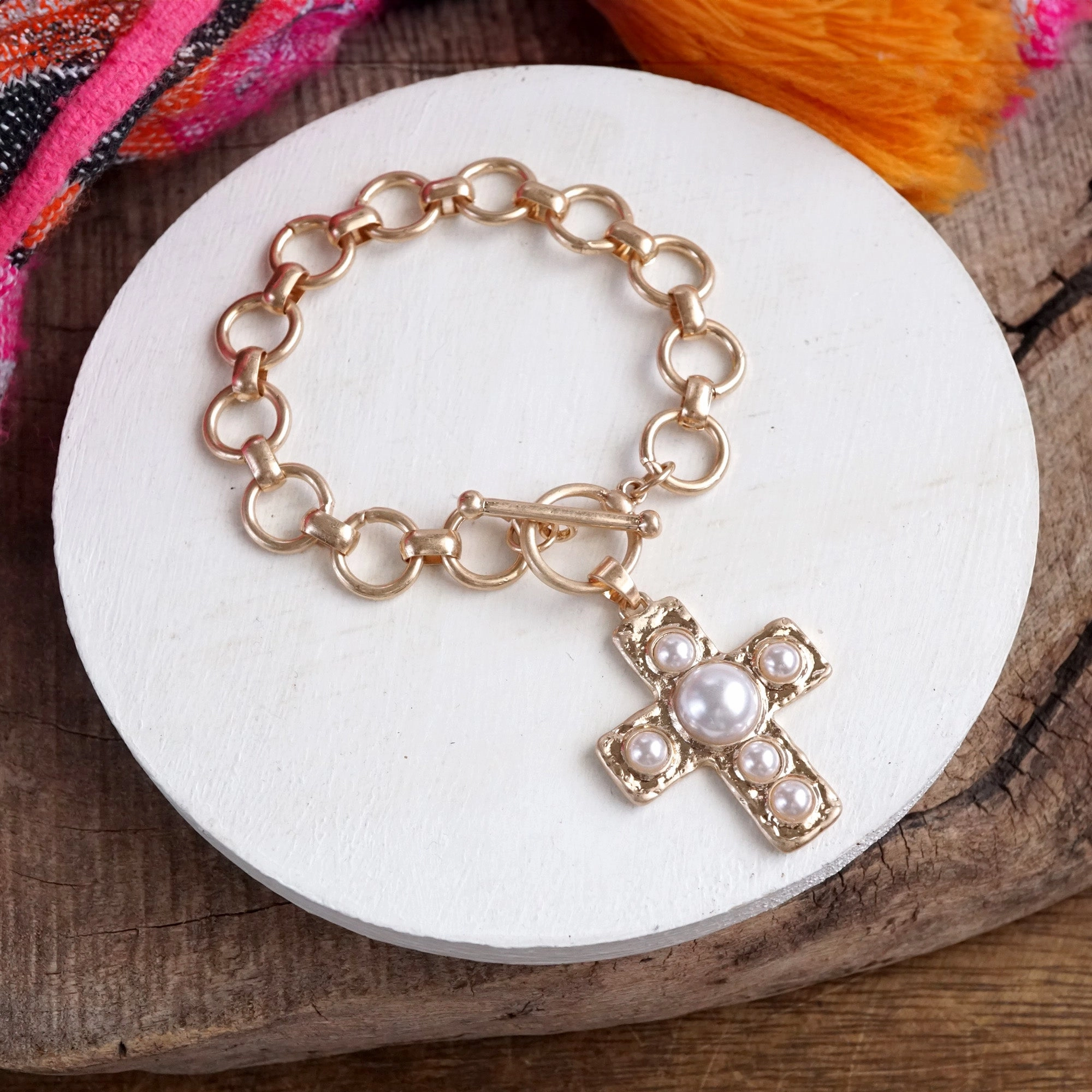 Primitive Cross Chain Bracelet ?C Worn Gold with Turquoise or Pearl Second-To-None