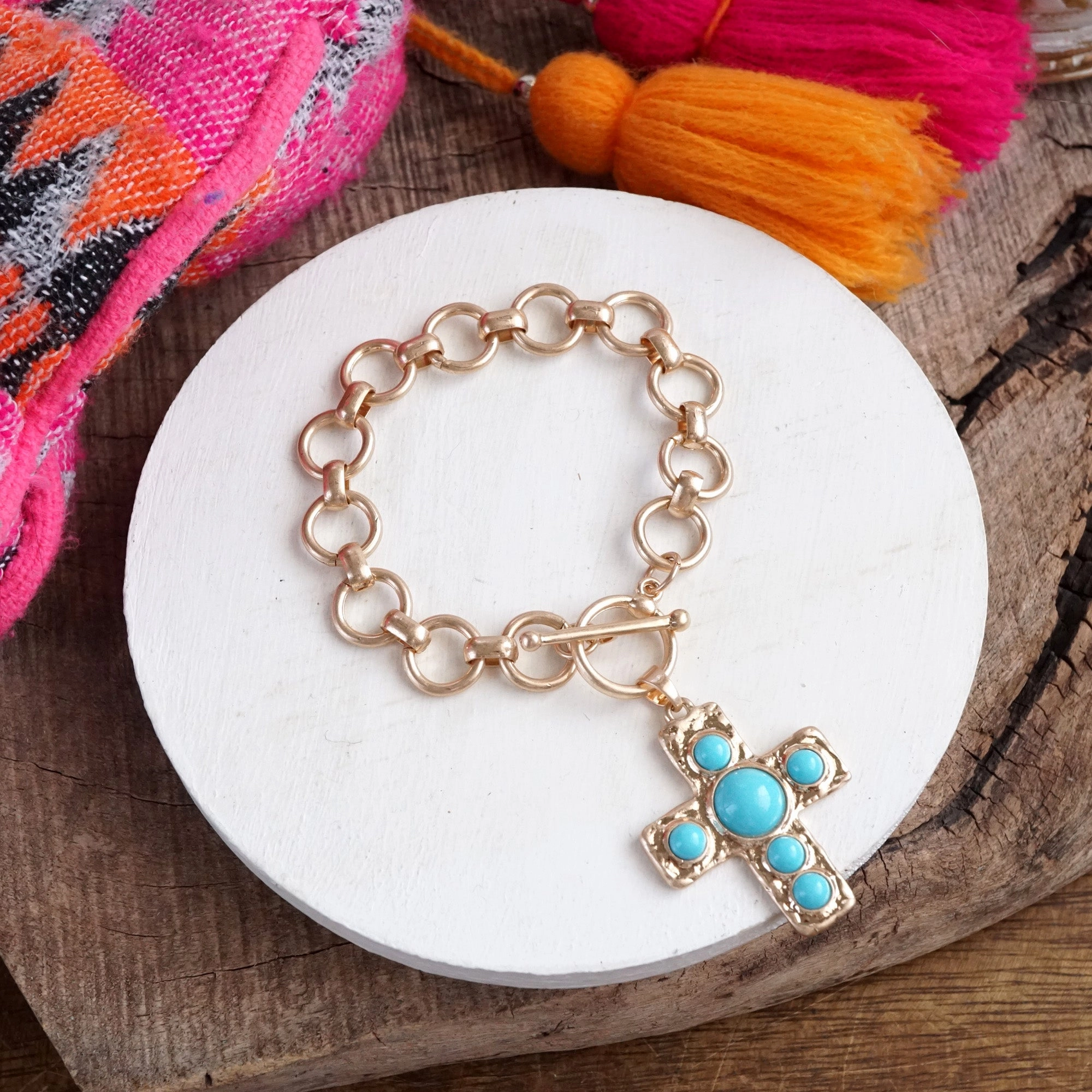 Primitive Cross Chain Bracelet ?C Worn Gold with Turquoise or Pearl Influencer Favorite