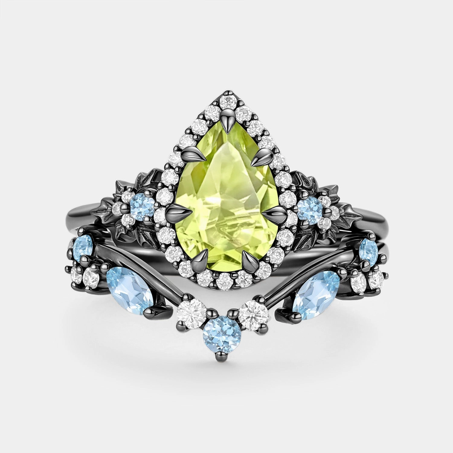 Pear Cut Peridot & Aquamarine Leafy Engagement Ring Set 2pcs - Liora Playful Spark