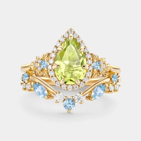 Stylish Detail Creative Feature Pear Cut Peridot & Aquamarine Leafy Engagement Ring Set 2pcs - Liora