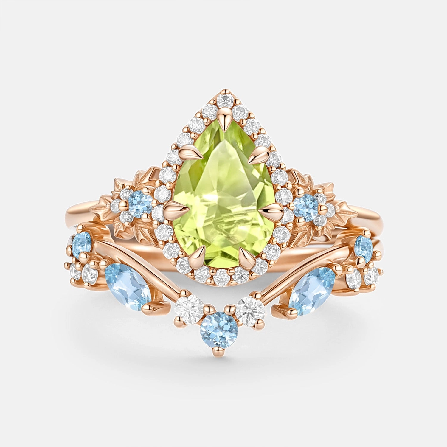 Pear Cut Peridot & Aquamarine Leafy Engagement Ring Set 2pcs - Liora Fashion Essential