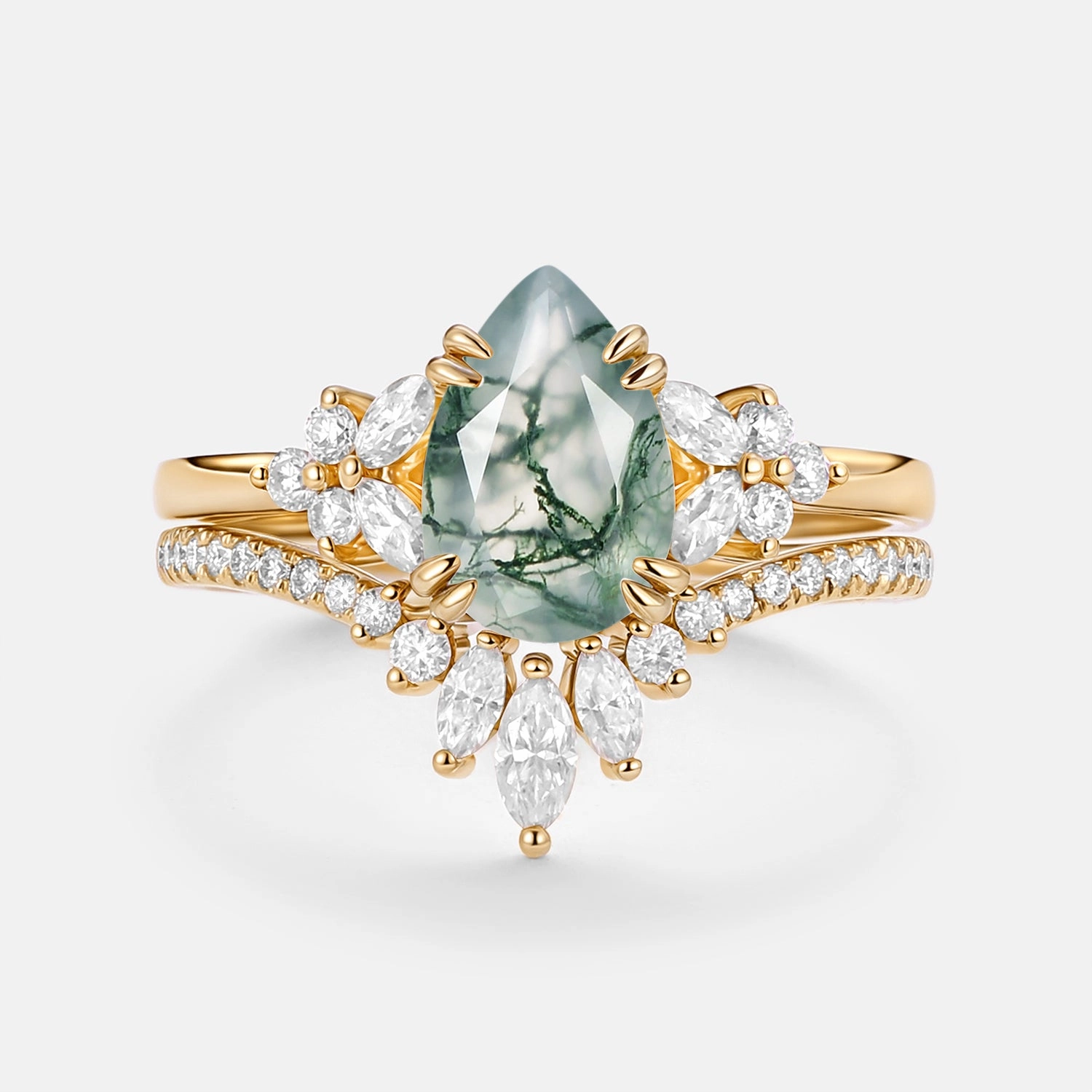 Handmade Beauty Cluster Pear Shaped Moss Agate Chevron Gold Ring Set 2pcs - Della