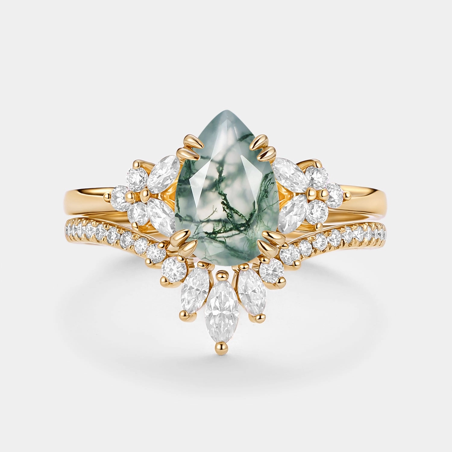 Cluster Pear Shaped Moss Agate Chevron Gold Ring Set 2pcs - Della Timeless Flow Everyday Luxury