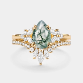 Graceful Shine Daytime Sparkle Cluster Pear Shaped Moss Agate Chevron Gold Ring Set 2pcs - Della