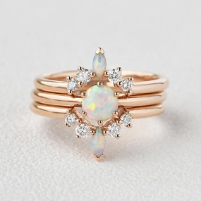 Delicate Details Natural Opal & Moissanite Vintage Inspired Ring Set 3pcs