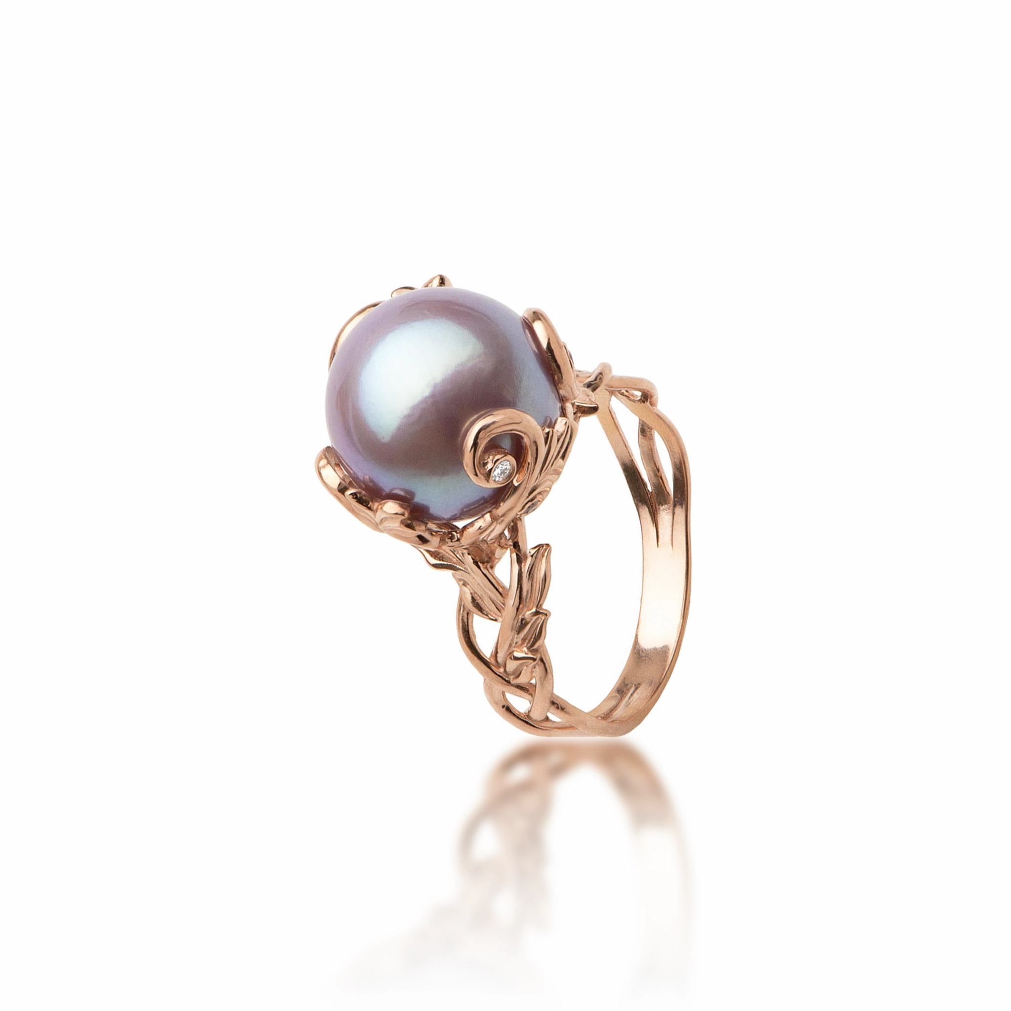 Premium Piece Living Heirloom Lilac Freshwater Pearl Ring in Rose Gold with Diamonds - 11-12mm