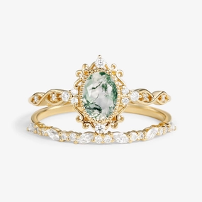 Soft Focus Neutral Mood Oval Cut Vintage Moss Agate Engagement Ring Set 2pcs - Margaret