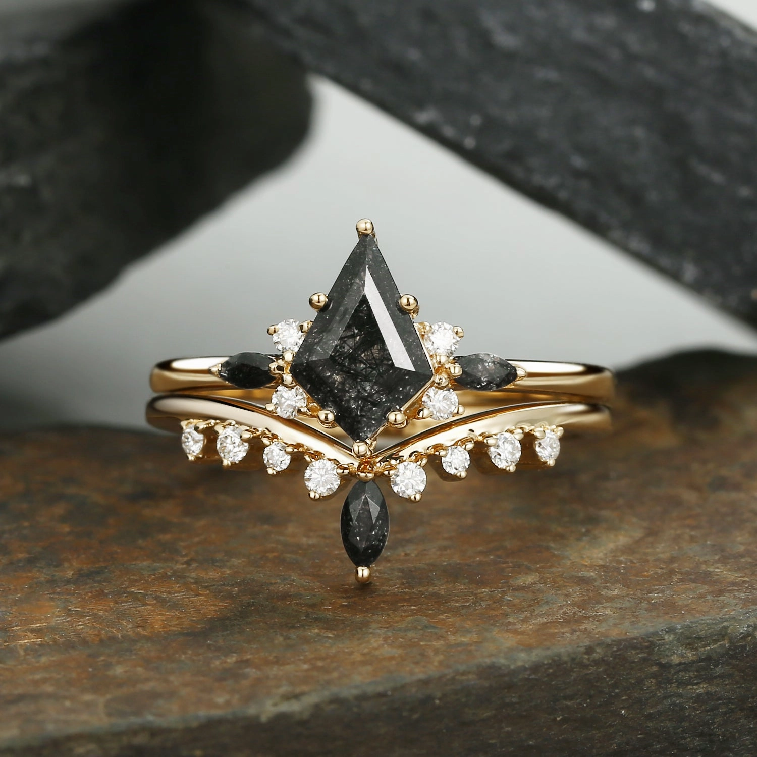 Muted Style Dressy look Kite Cut Black Rutilated Quartz Engagement Ring Set 2pcs - Claire