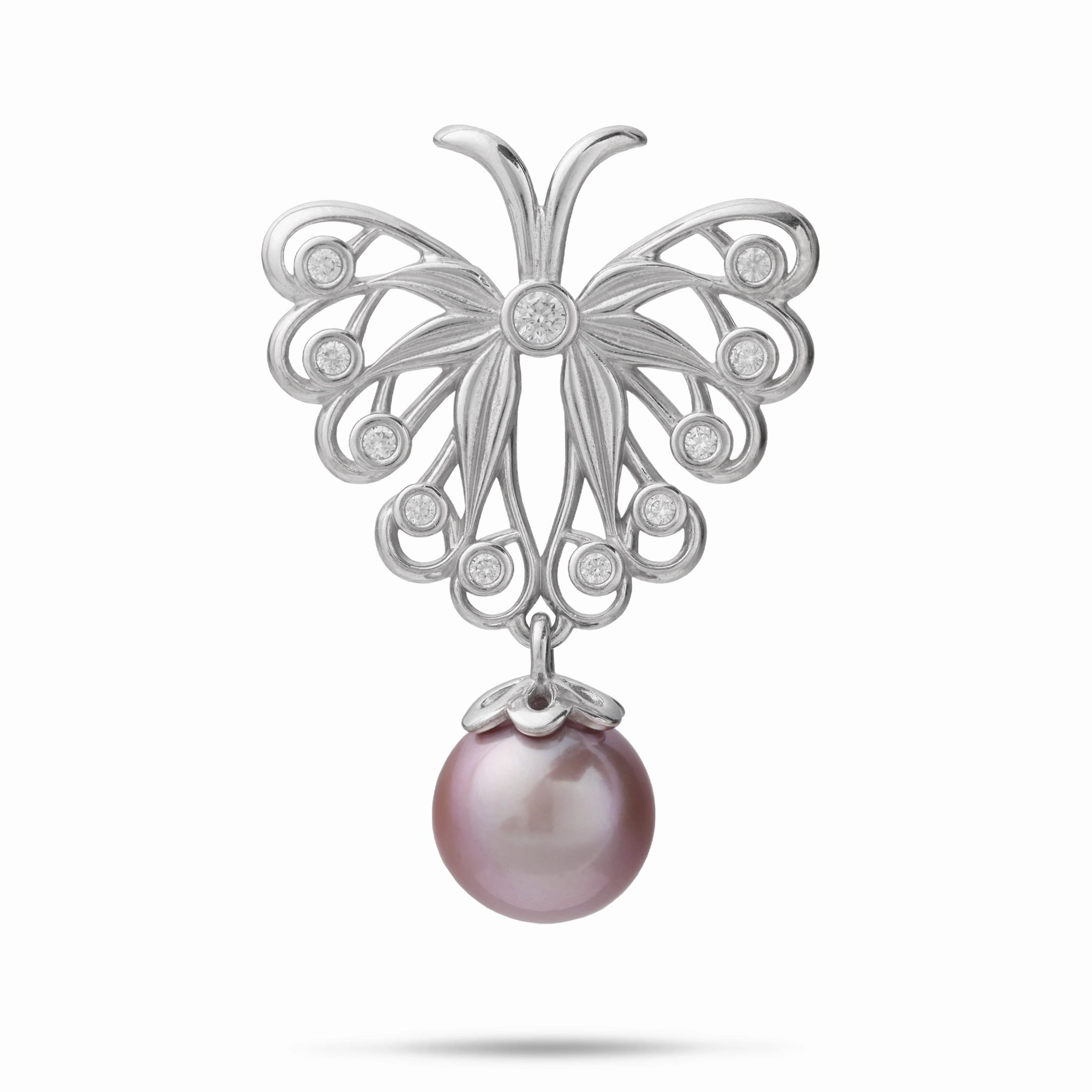 Refined Mood Gentle Spark Pulelehua (Butterfly) Freshwater Pearl Pendant in Sterling Silver with Cubic Zirconia - 24mm