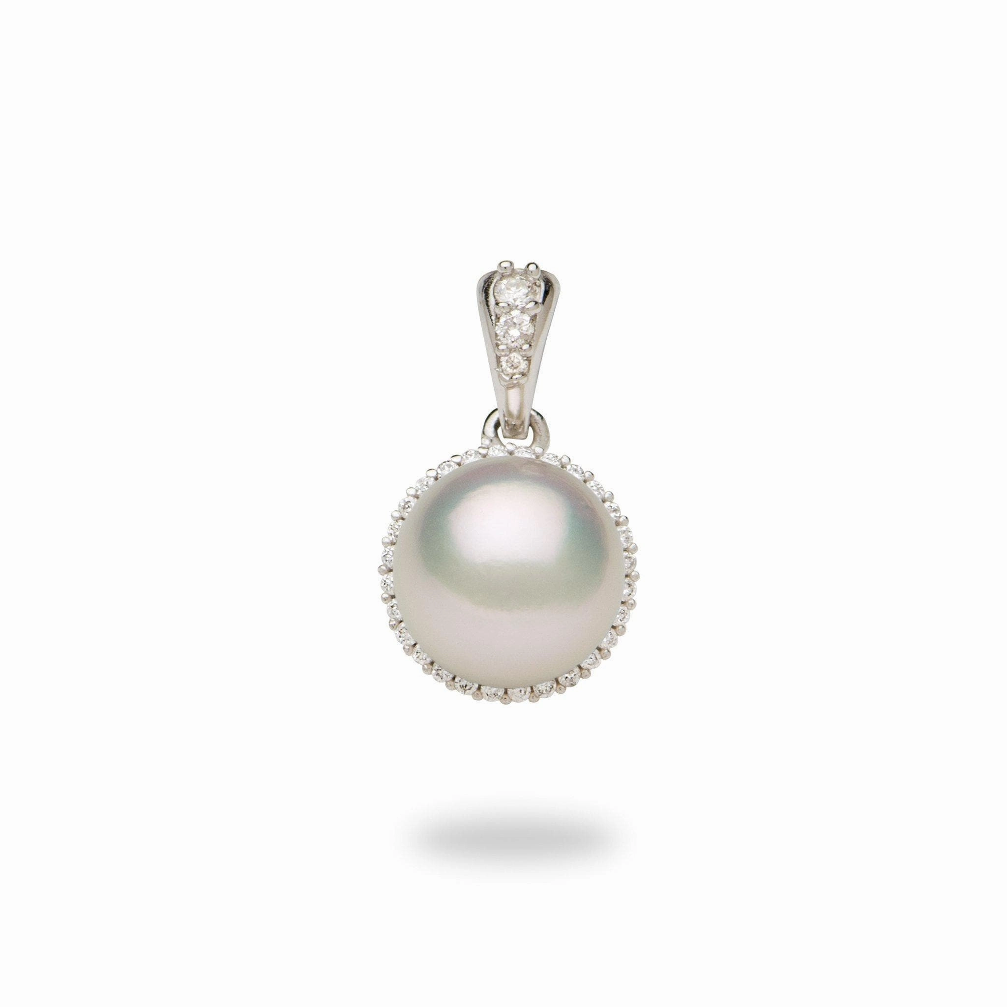 Halo Akoya White Pearl Pendant in White Gold with Diamonds - 8-8.5mm Edgy Mood Dazzling Effect