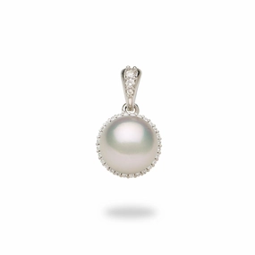 Halo Akoya White Pearl Pendant in White Gold with Diamonds - 8-8.5mm Edgy Mood Dazzling Effect