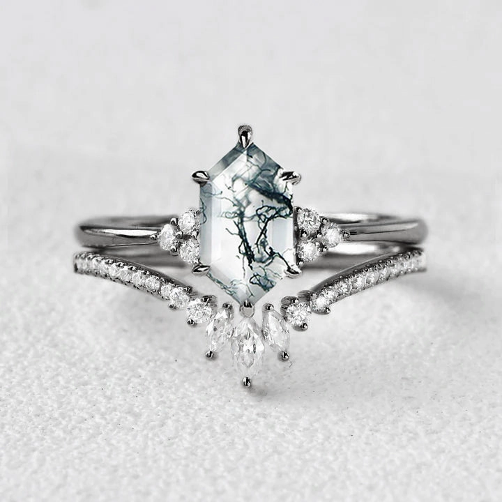 Black Gold Long Hexagon Moss Agate Bridal Ring Set 2pcs - Lydia Distinctive Piece Versatile Piece