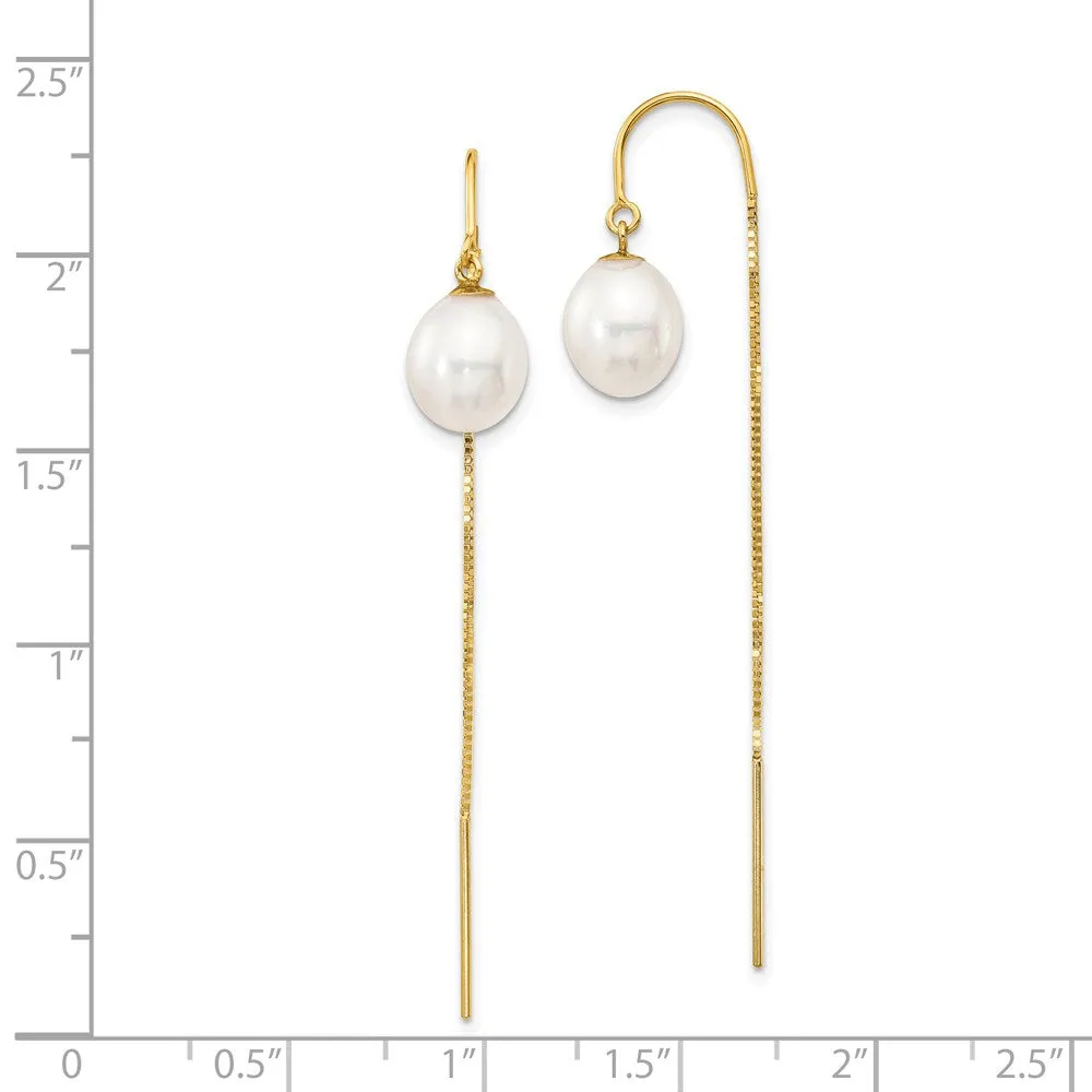 Gold 7-8mm White Rice FW Cultured Pearl Box Chain Threader Earrings - Model XF710E