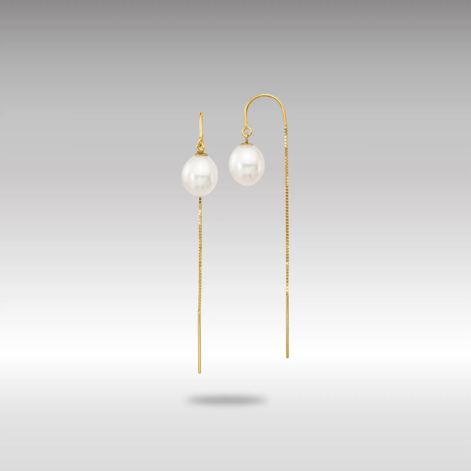 Gold 7-8mm White Rice FW Cultured Pearl Box Chain Threader Earrings - Model XF710E