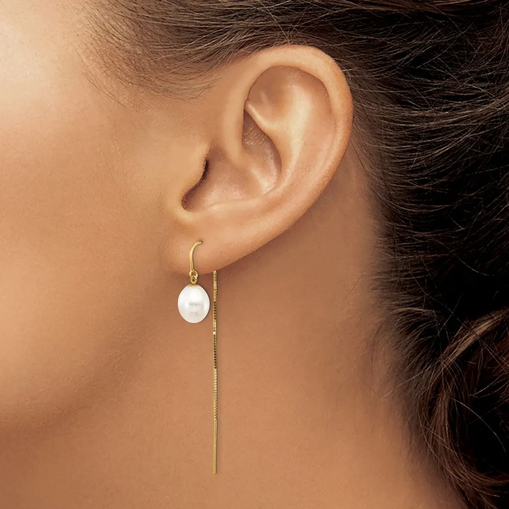 Gold 7-8mm White Rice FW Cultured Pearl Box Chain Threader Earrings - Model XF710E