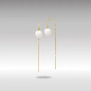 Gold 7-8mm White Rice FW Cultured Pearl Box Chain Threader Earrings - Model XF710E