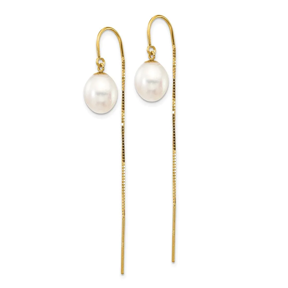 Gold 7-8mm White Rice FW Cultured Pearl Box Chain Threader Earrings - Model XF710E