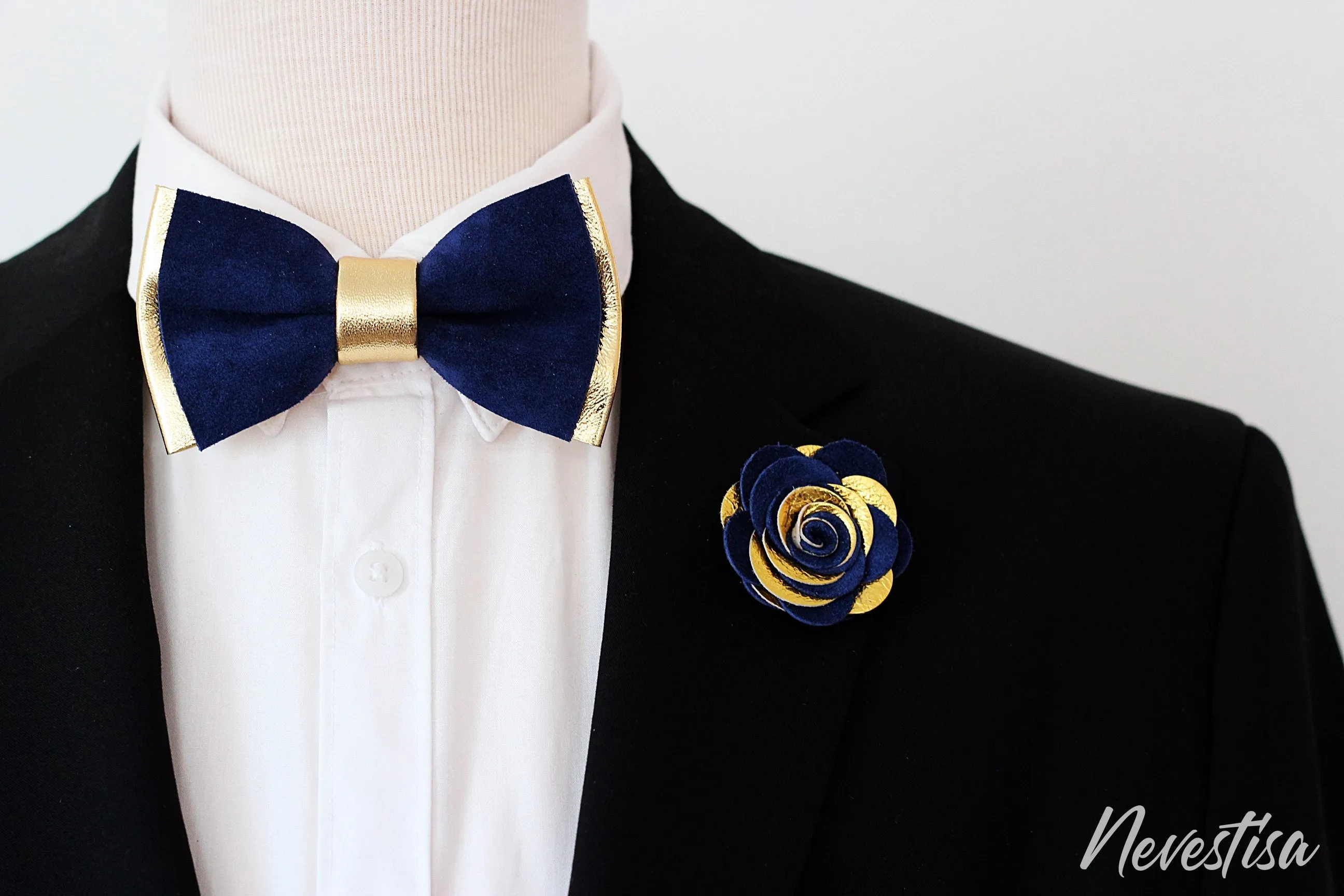 Gold and royal blue leather bow tie, pin set groomsmen attire