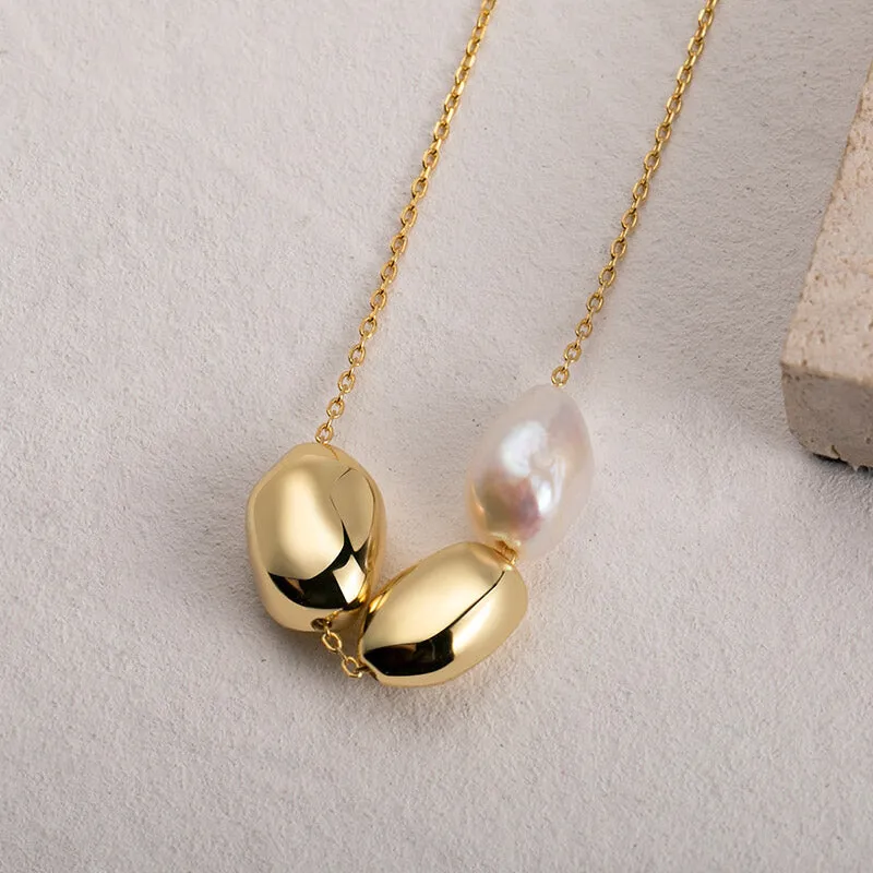 Gold Bead Baroque Pearl Pendant Necklace