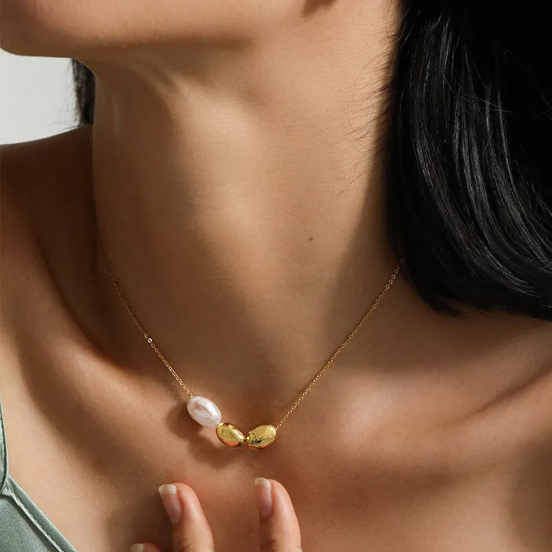 Gold Bead Baroque Pearl Pendant Necklace