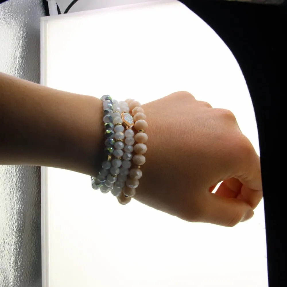 Gold Beaded Bracelet Set, Square Stone Hexagon Druzy Stretch Beaded Stackable Bracelets Bangles