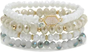 Gold Beaded Bracelet Set, Square Stone Hexagon Druzy Stretch Beaded Stackable Bracelets Bangles