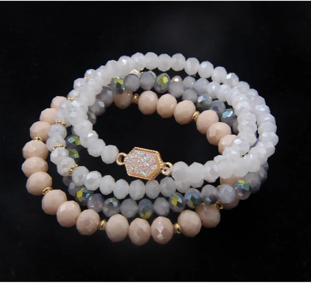 Gold Beaded Bracelet Set, Square Stone Hexagon Druzy Stretch Beaded Stackable Bracelets Bangles