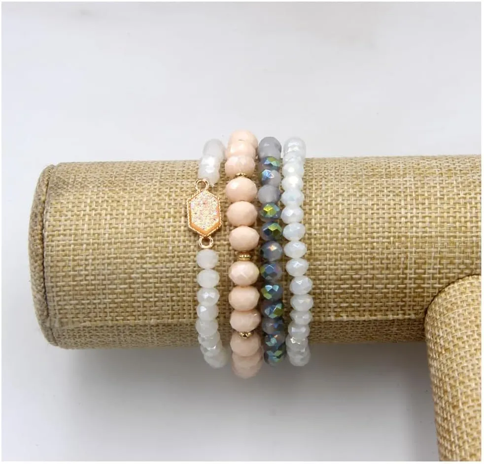Gold Beaded Bracelet Set, Square Stone Hexagon Druzy Stretch Beaded Stackable Bracelets Bangles