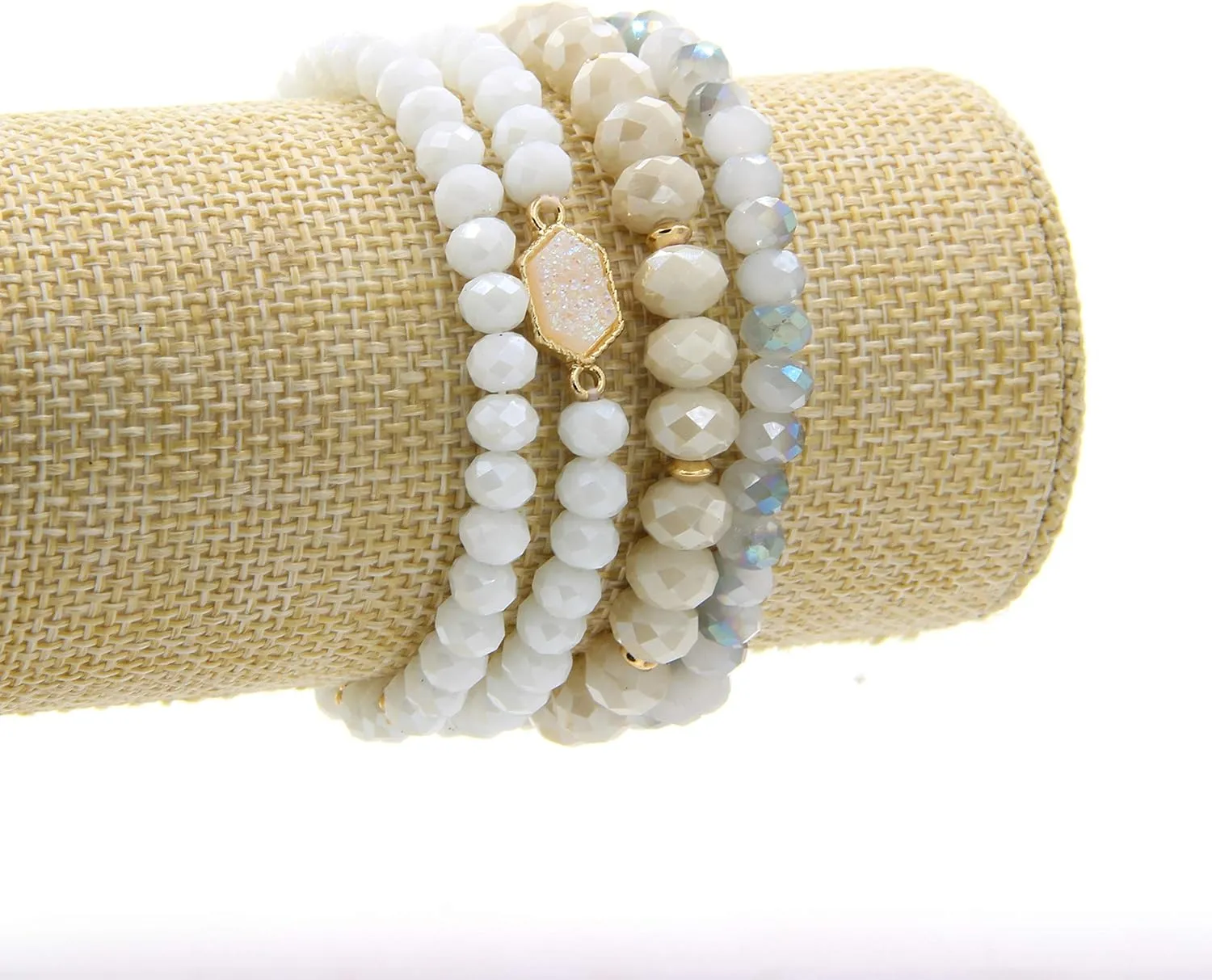 Gold Beaded Bracelet Set, Square Stone Hexagon Druzy Stretch Beaded Stackable Bracelets Bangles