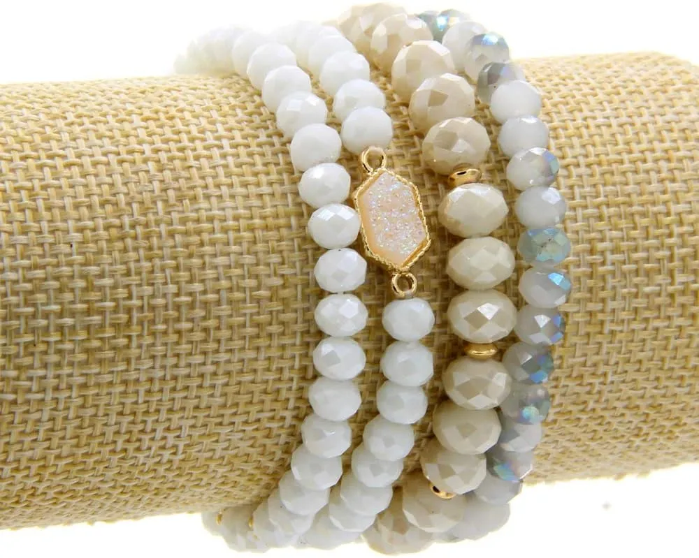 Gold Beaded Bracelet Set, Square Stone Hexagon Druzy Stretch Beaded Stackable Bracelets Bangles