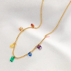 Gold Beaded Necklace with Multi-Color Gemstone Charms-jltn0680
