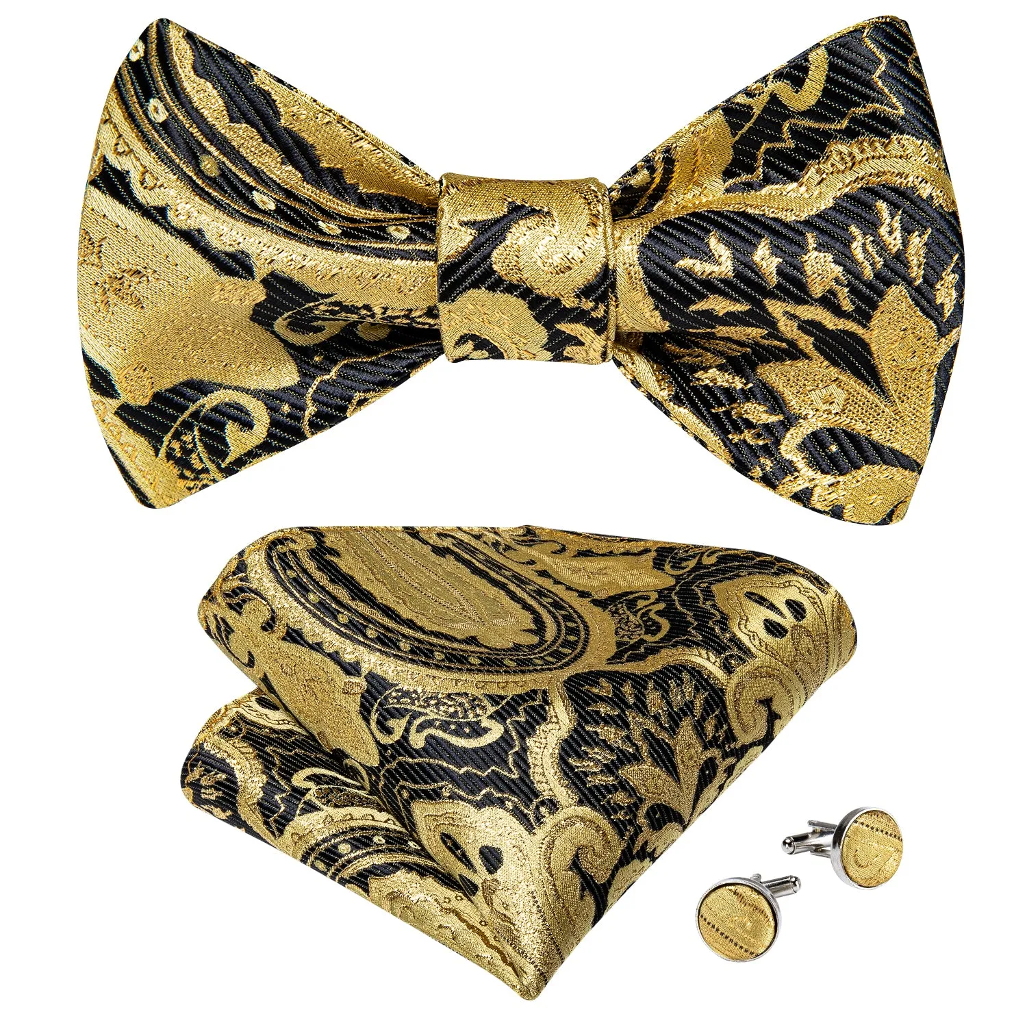 Gold Black Paisley Self-Bowtie Pocket Square Cufflinks Set
