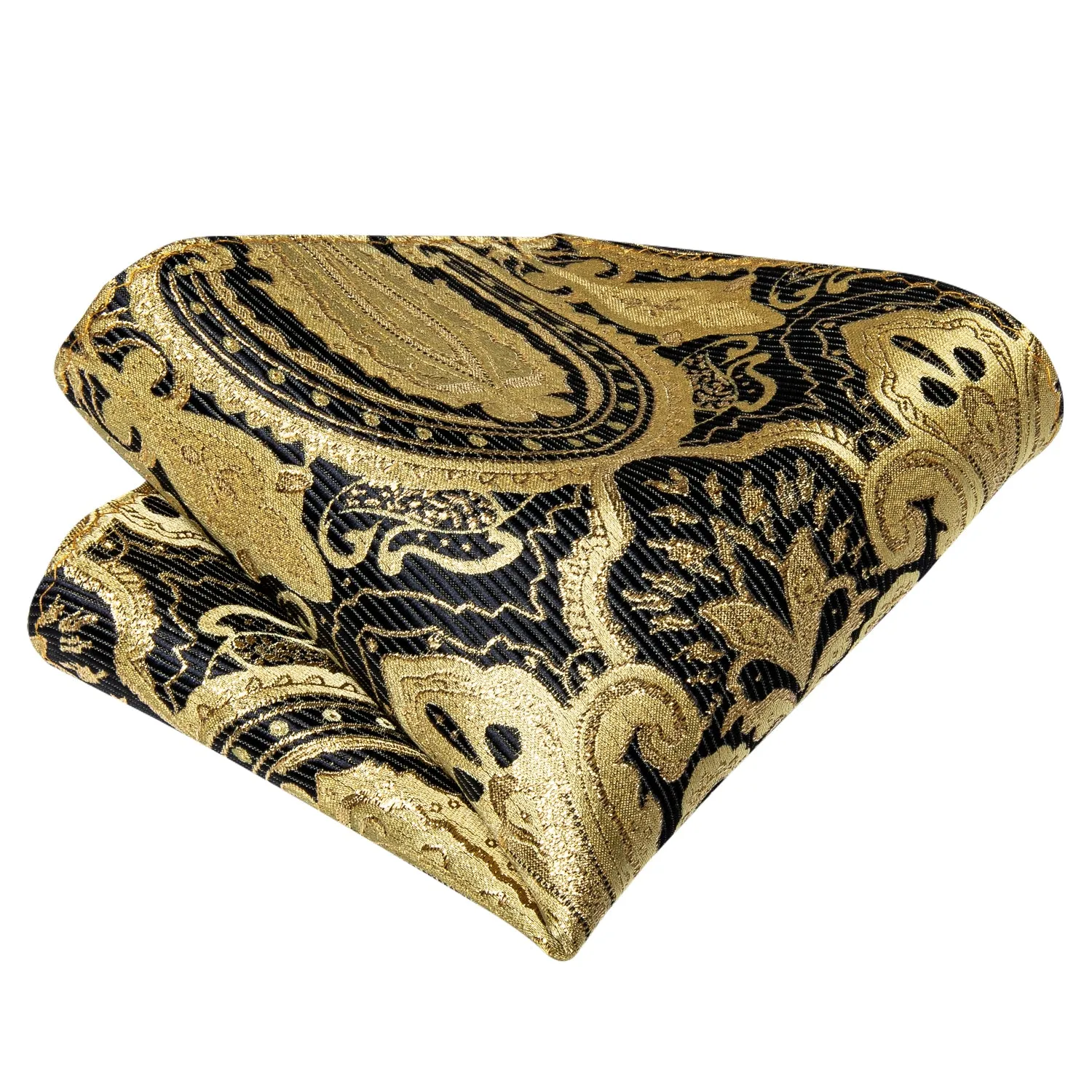 Gold Black Paisley Self-Bowtie Pocket Square Cufflinks Set