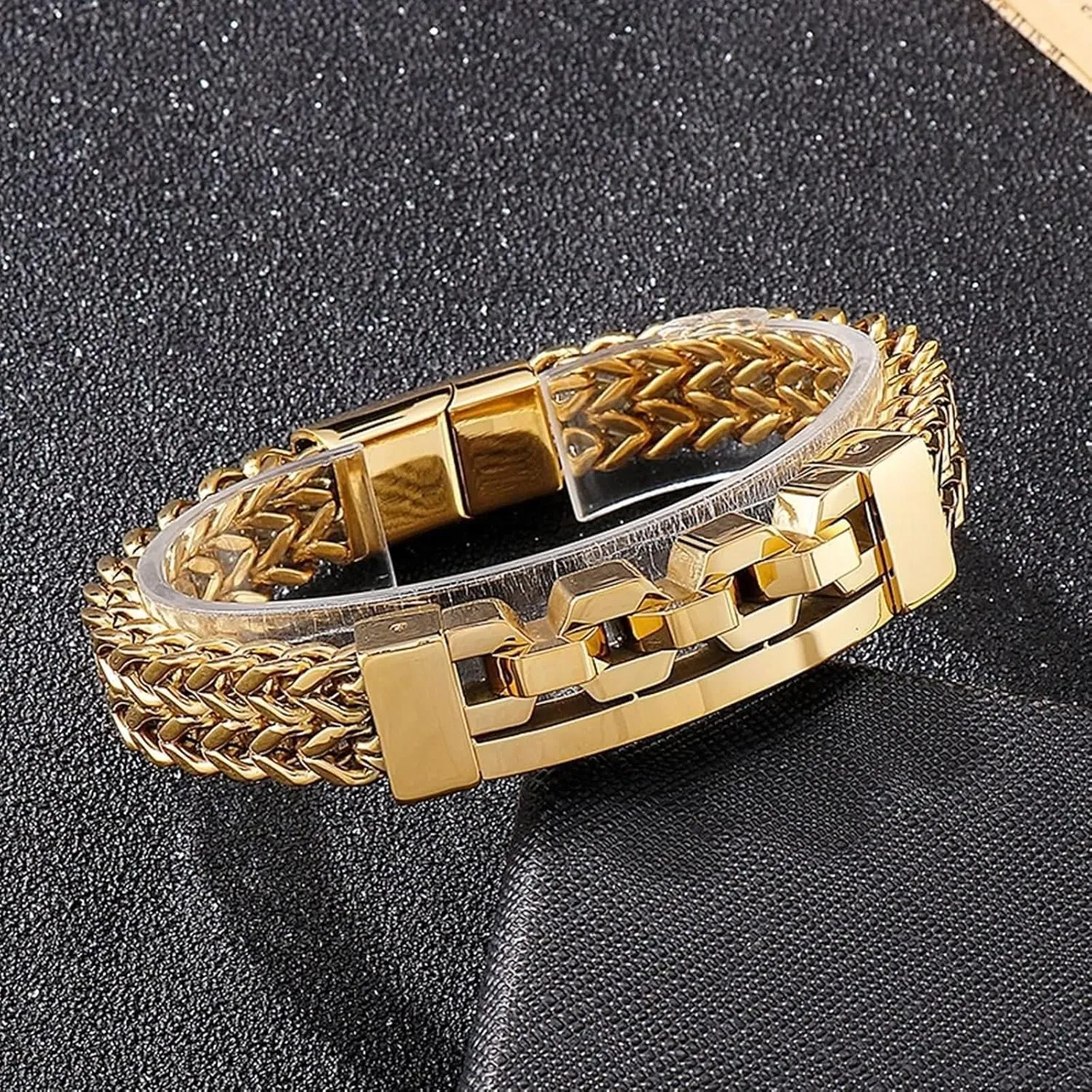 Gold Bracelets Men,Stainless Steel Bracelets for Men 12MM Wheat Chain Men's Bracelets Bangles Gold
