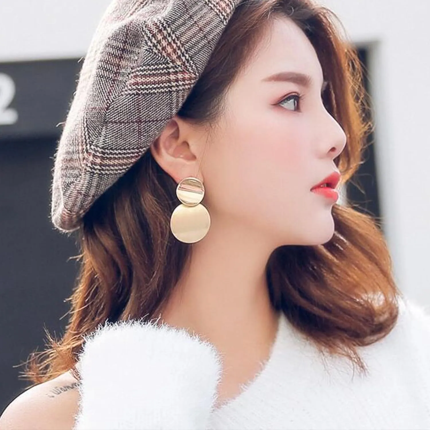 Gold Circle Disc Earrings Geometric Disc Statement Earrings for Women 14K Gold Double Round Disc Square Dangle Earrings Exaggerated Metal Geometric Earrings Jewelry