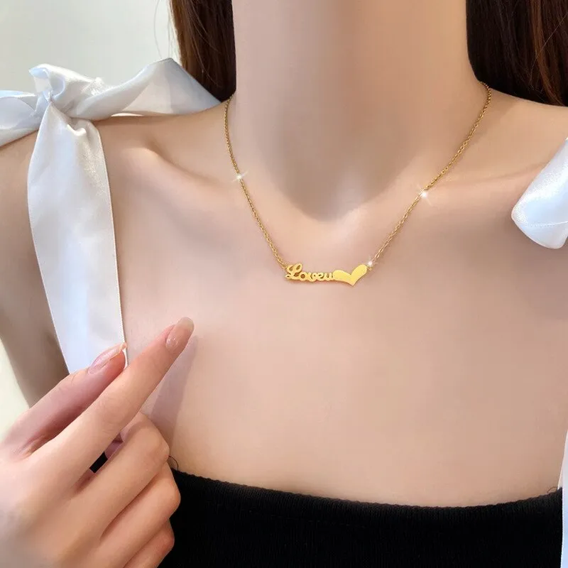 Gold Color Letter Love Personality Necklace Heart Pendant Necklace Couple Lady Girl