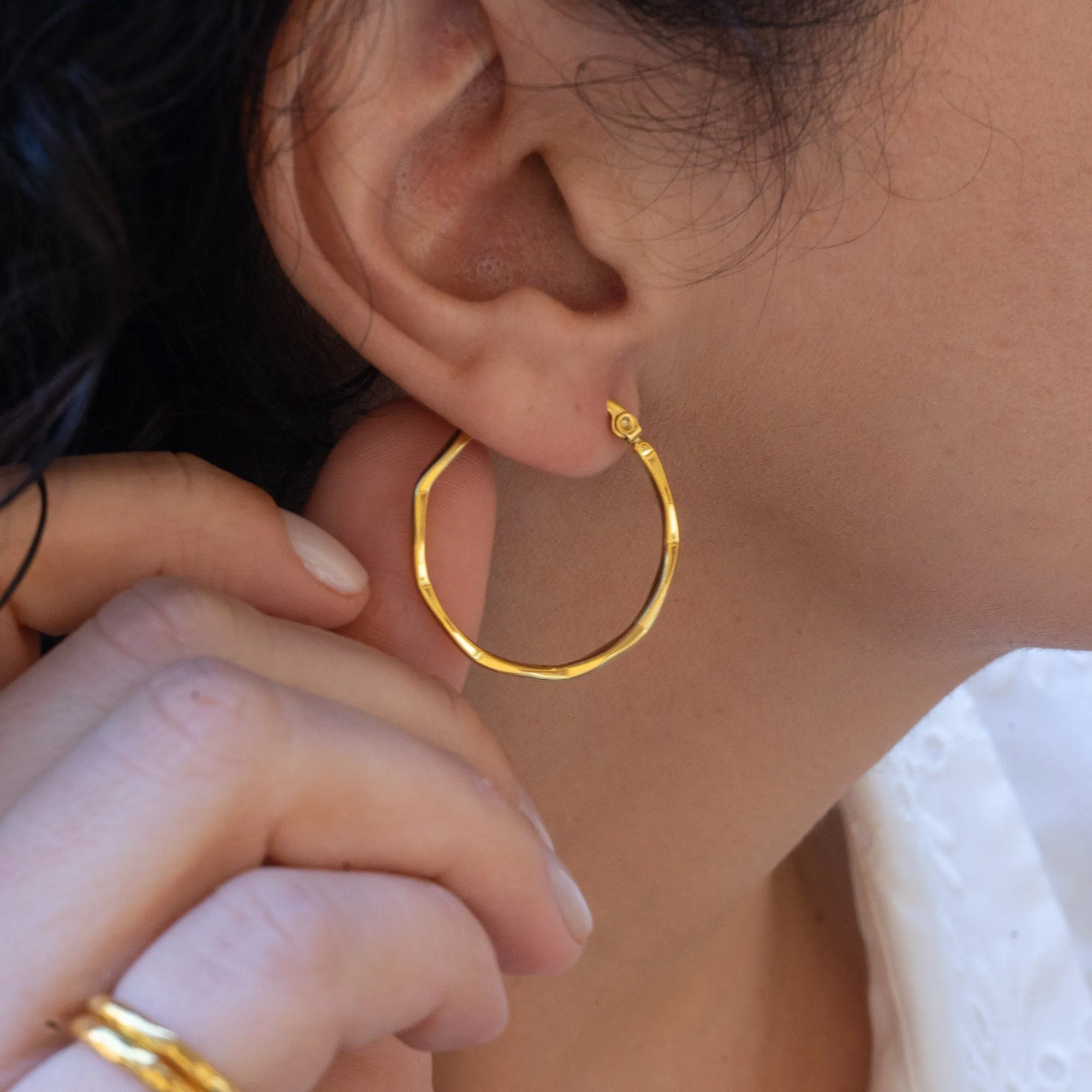 Gold Hammered Hoop Earrings Large