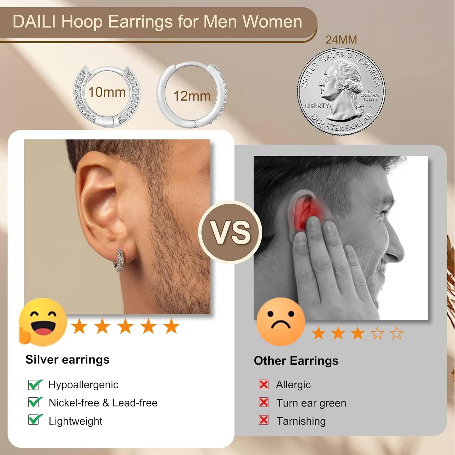 Gold Hoop Earrings for Men,Hypoallergenic Surgical Stainless Steel Hoop Earrings for Sensitive Ears,Small Cubic Zirconia Cartilage Huggie Hoop Earrings Piercing Jewelry Sets 10mm 12mm