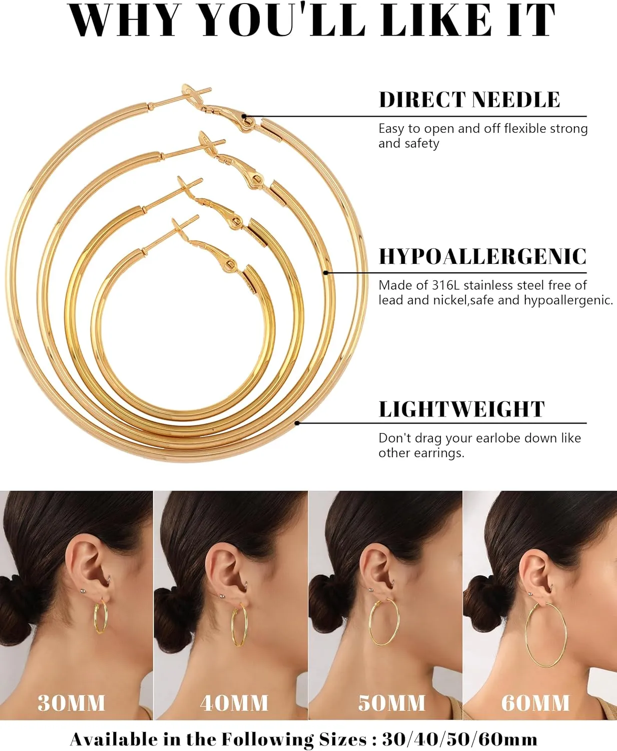 Gold Hoop Earrings for Women Hypoallergenic Stainless Steel Large Thin Gold Hoop Earrings Lightweight Big Hoops Aretes de Acero Inoxidable para Mujer 30/40/50/60MM