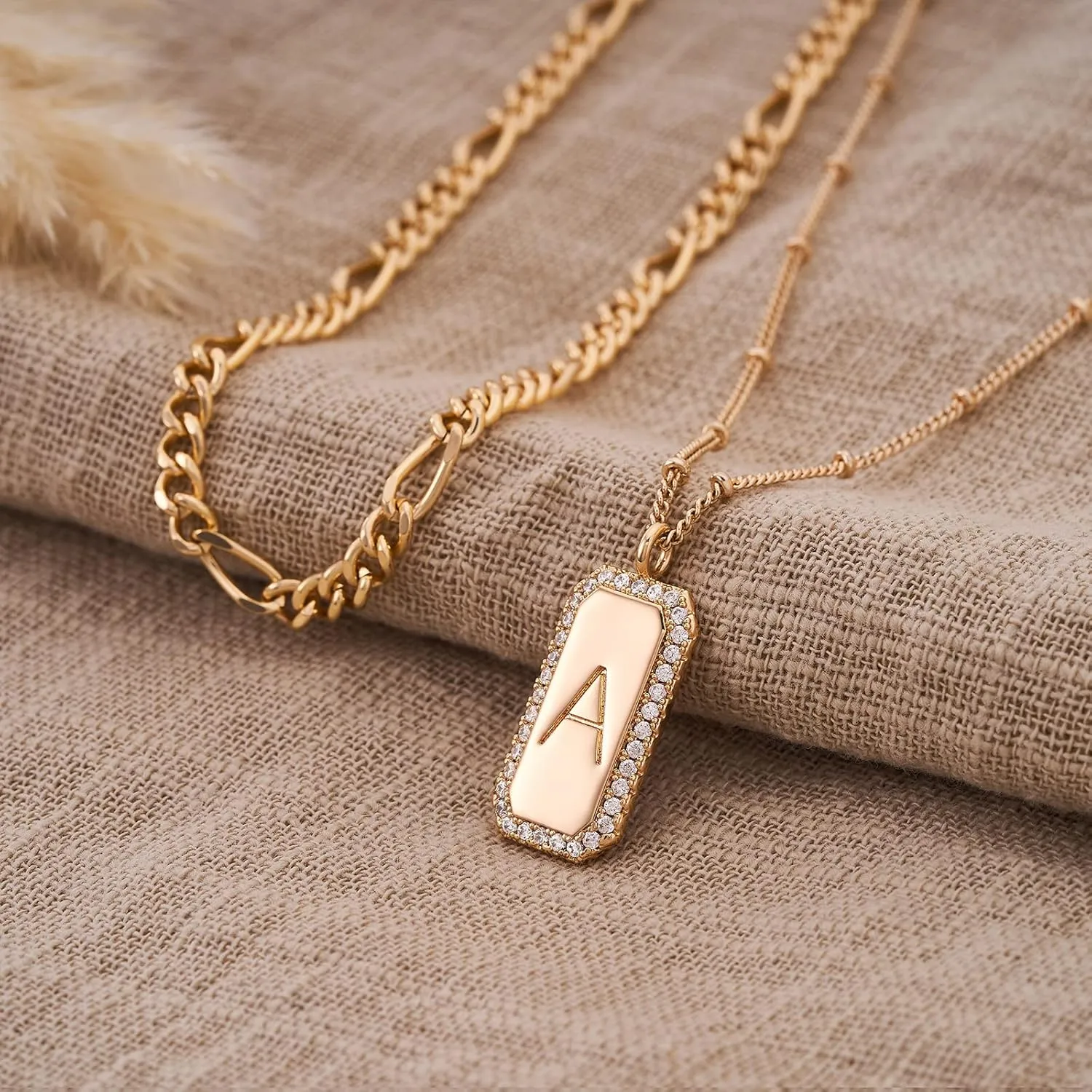 Gold Initial Necklace for Women 14K Gold Plated Figaro Chain Choker Layered Necklaces Set Bar Rectangle Pendant Necklaces Simple Dainty Letter Necklace Everyday Gold Jewelry