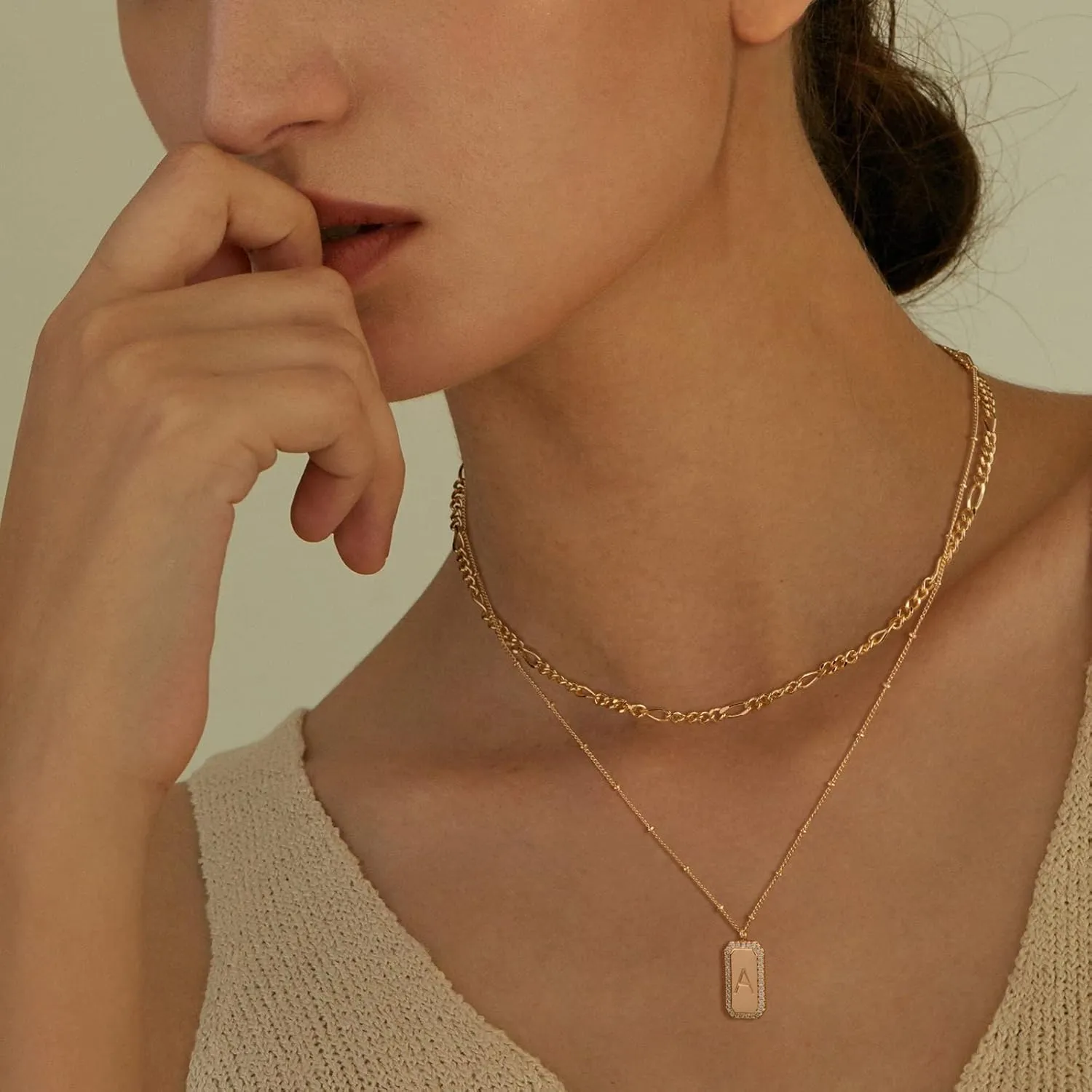 Gold Initial Necklace for Women 14K Gold Plated Figaro Chain Choker Layered Necklaces Set Bar Rectangle Pendant Necklaces Simple Dainty Letter Necklace Everyday Gold Jewelry