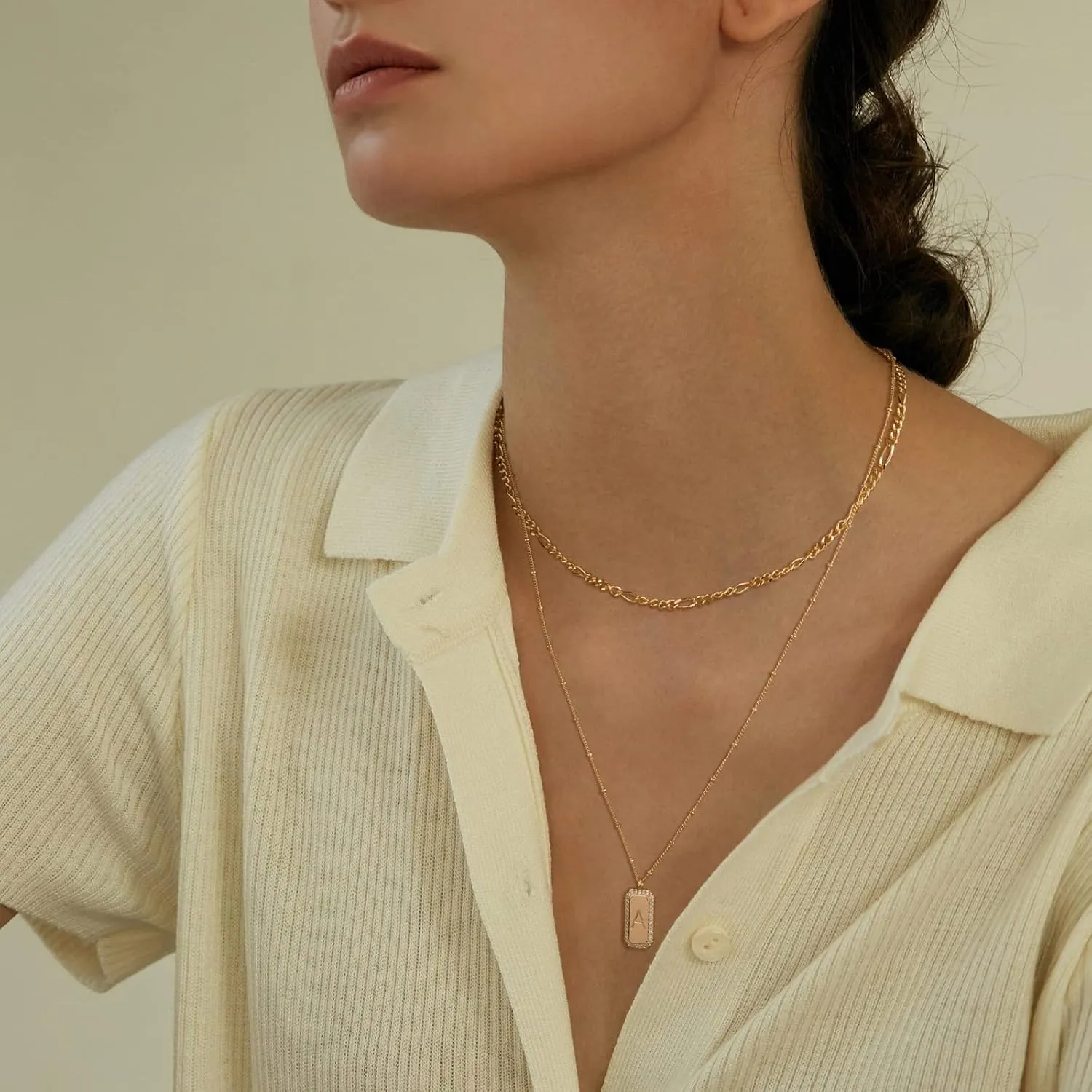 Gold Initial Necklace for Women 14K Gold Plated Figaro Chain Choker Layered Necklaces Set Bar Rectangle Pendant Necklaces Simple Dainty Letter Necklace Everyday Gold Jewelry