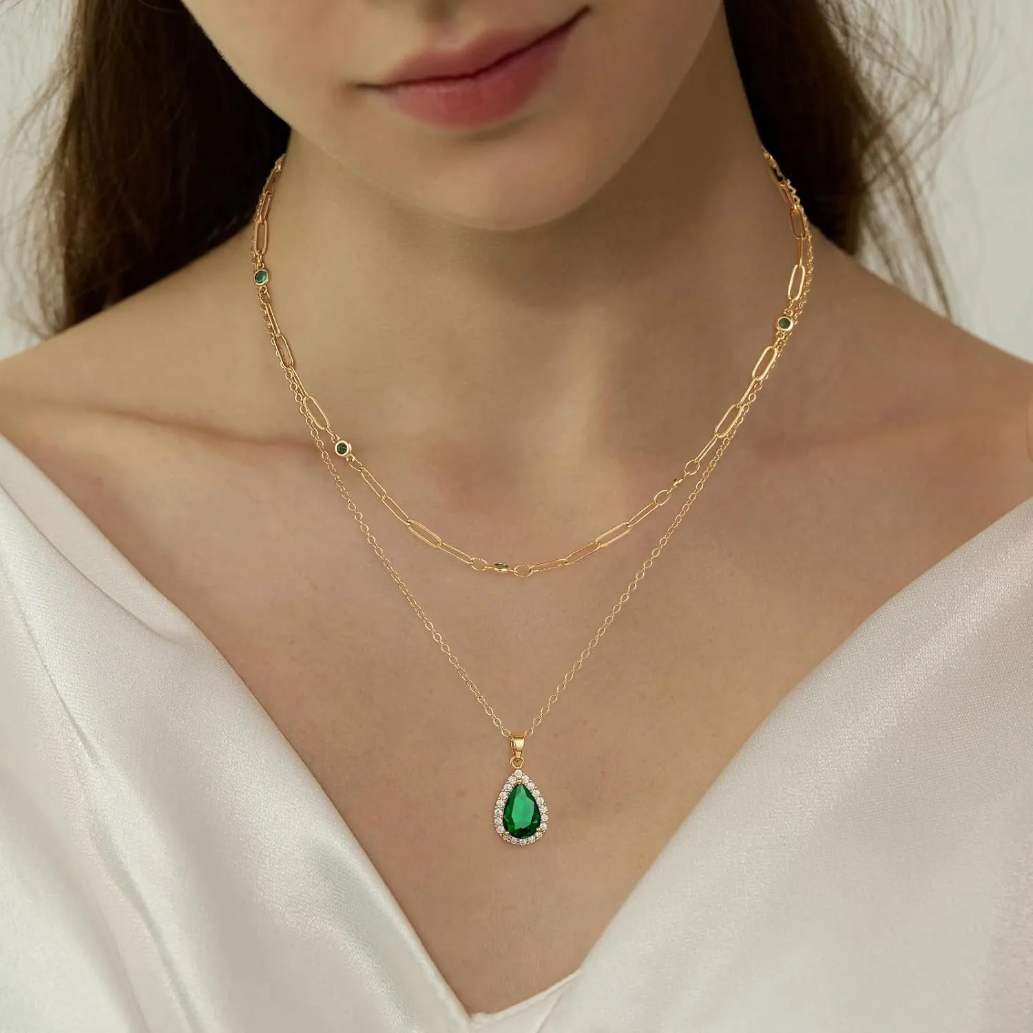 Gold Layered Necklaces for Women, 18k Gold Plated Crystal Necklace Paperclip Choker Emerald Green Jewelry for Women Gifts