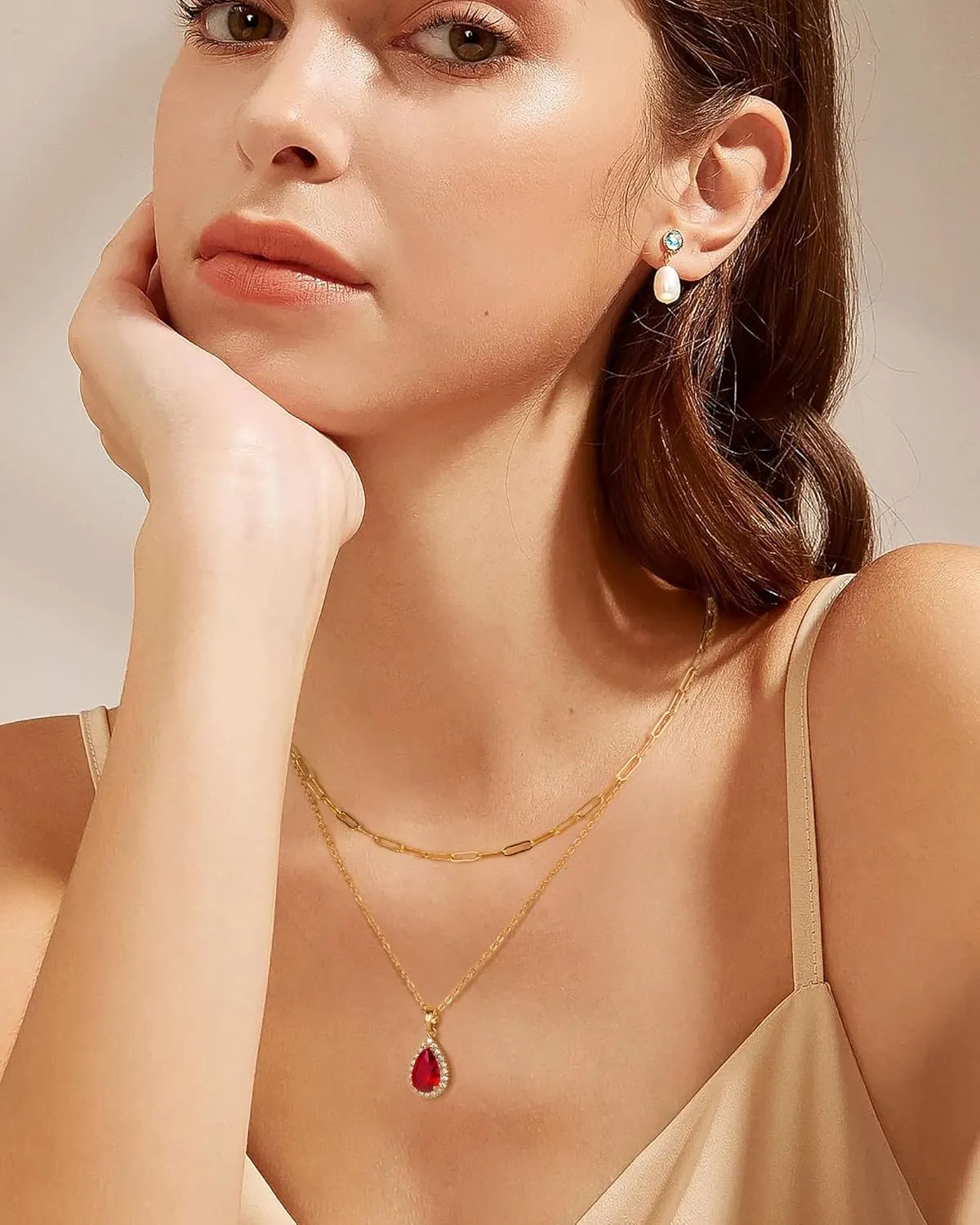 Gold Layered Necklaces for Women, 18k Gold Plated Crystal Necklace Paperclip Choker Emerald Green Jewelry for Women Gifts