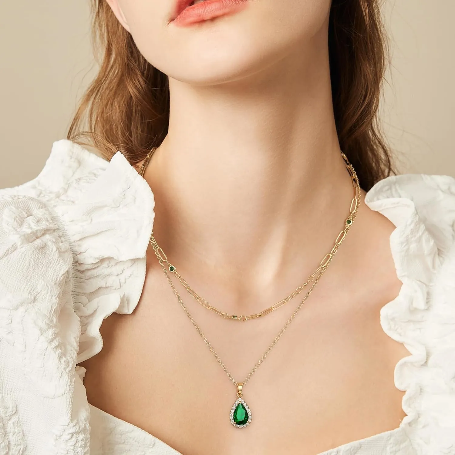 Gold Layered Necklaces for Women, 18k Gold Plated Crystal Necklace Paperclip Choker Emerald Green Jewelry for Women Gifts