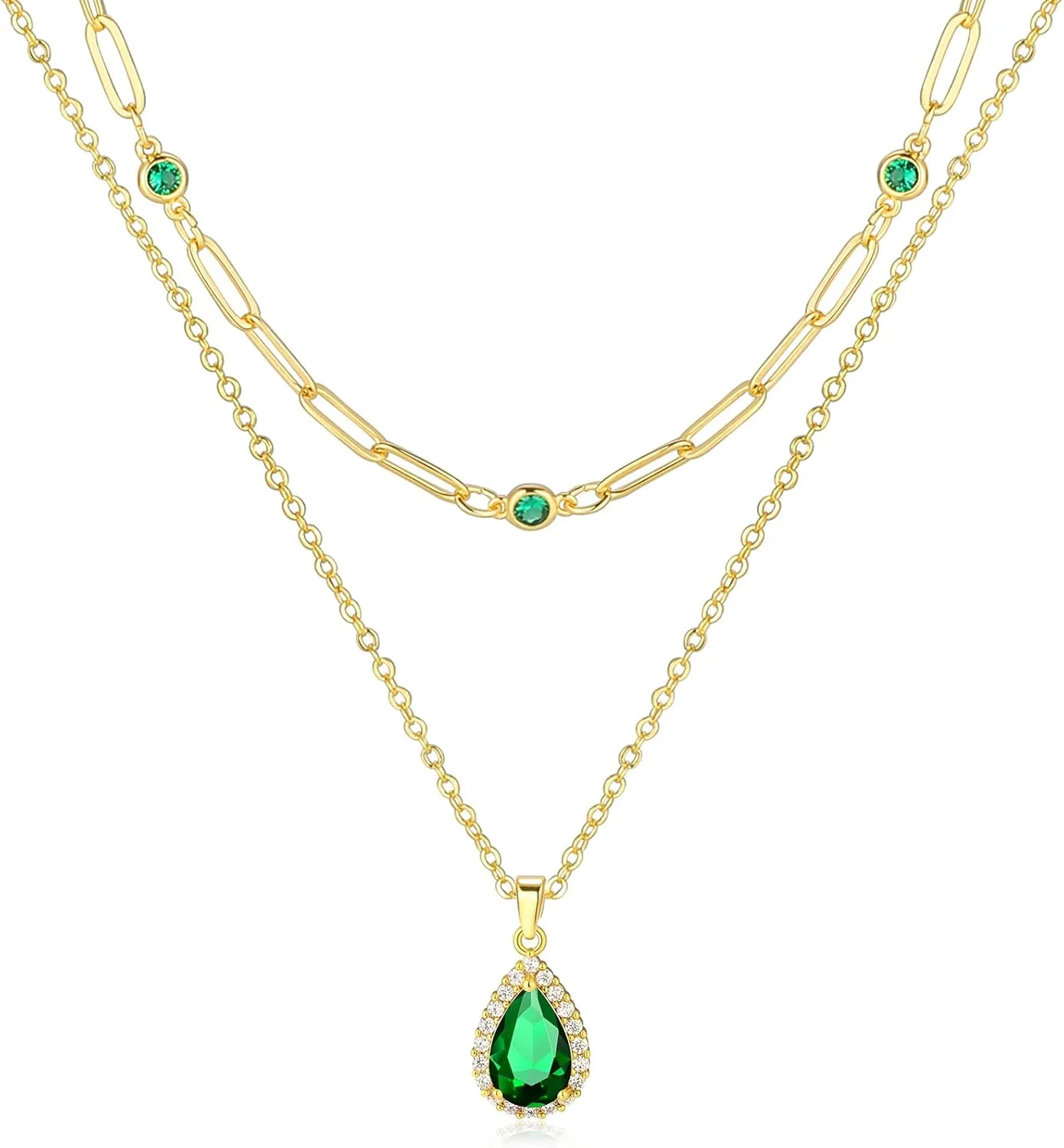 Gold Layered Necklaces for Women, 18k Gold Plated Crystal Necklace Paperclip Choker Emerald Green Jewelry for Women Gifts