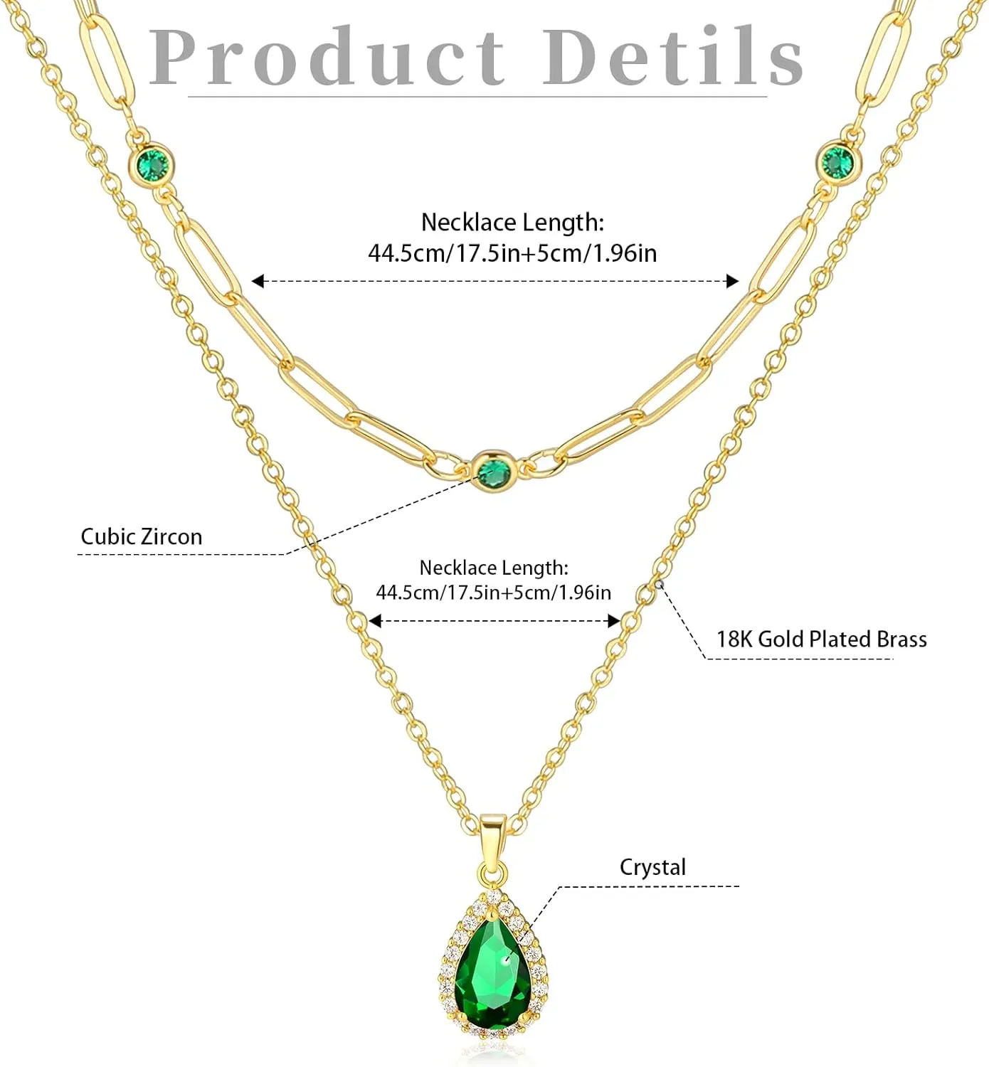 Gold Layered Necklaces for Women, 18k Gold Plated Crystal Necklace Paperclip Choker Emerald Green Jewelry for Women Gifts