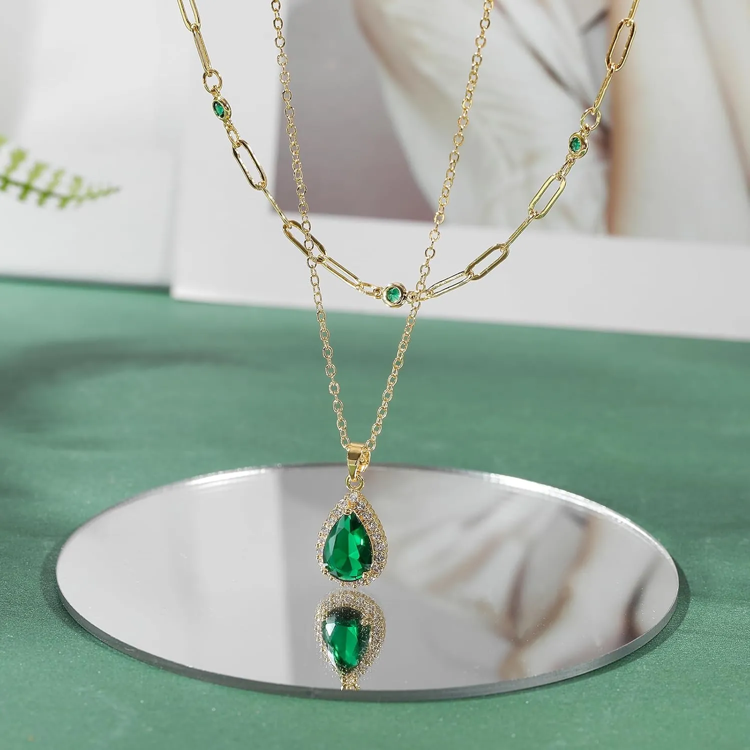 Gold Layered Necklaces for Women, 18k Gold Plated Crystal Necklace Paperclip Choker Emerald Green Jewelry for Women Gifts