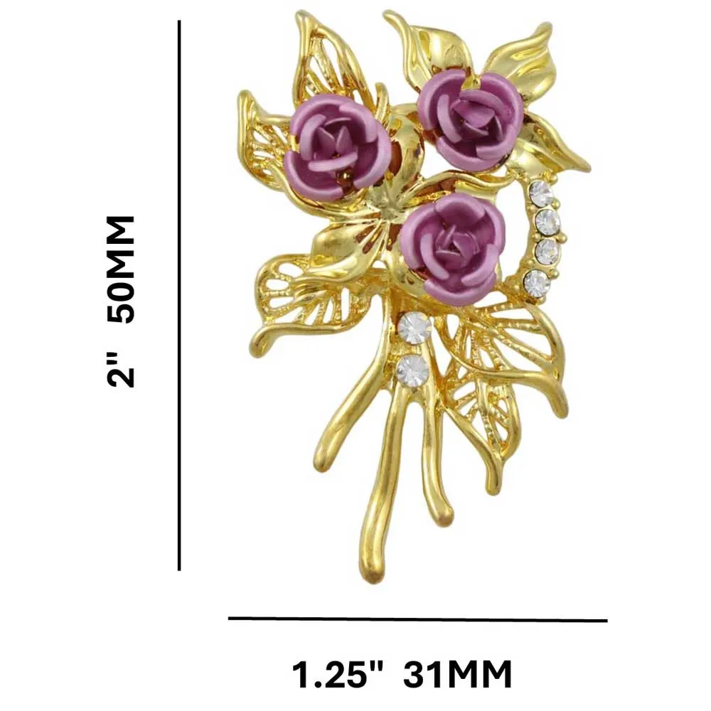 Gold Leaves with 3 Pink Roses Flower Brooch Pin - PRL130KP